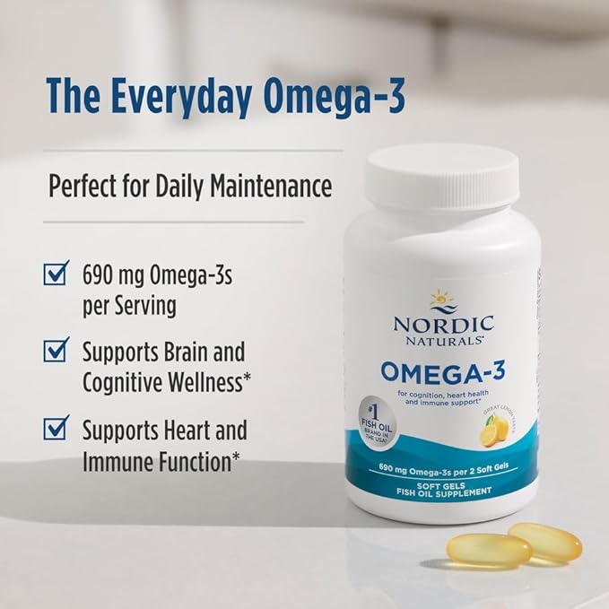 Nordic Naturals Omega-3, Lemon Flavor - 120 Soft Gels - 690 mg Omega-3 - Fish Oil - EPA & DHA - Immune Support, Brain & Heart Health, Optimal Wellness - Non-GMO - 60 Servings