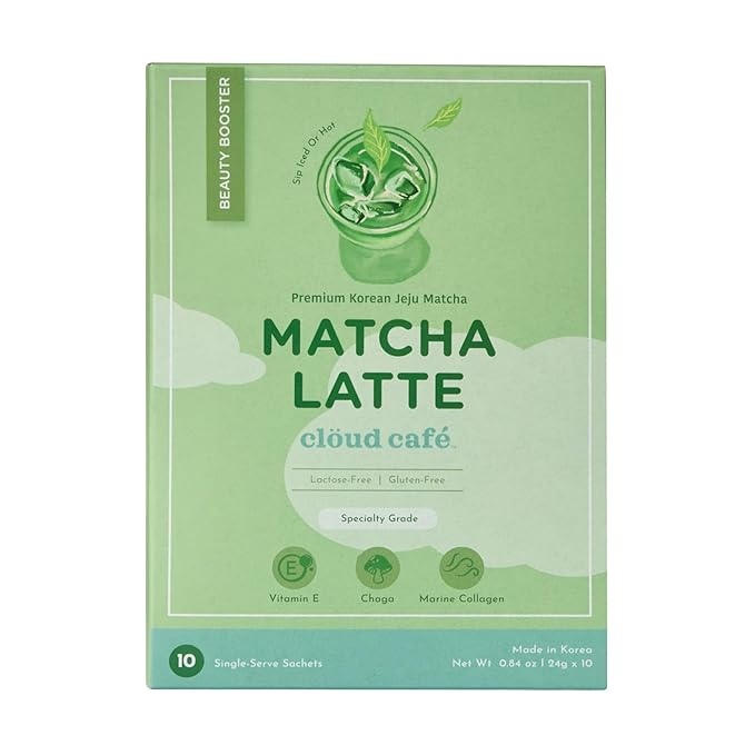 Clöud Café Collagen Infused Matcha Latte Powder - Vitamin E, Chaga Mushroom, & Marine Collagen Powder Instant Tea (10 Sachets)