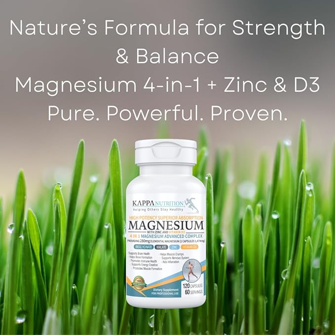 Kappa Nutrition Magnesium 4-in-1, 280mg Elemental Magnesium (Bisglycinate, Malate) + Zinc & Vitamin D3, Brain, Sleep, Energy, Muscle, Immune Support, 120 Vegan Capsules.