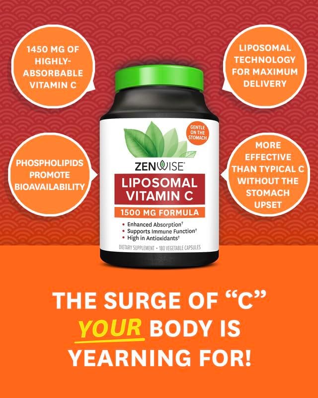 Zenwise Health Enhanced Absorption Liposomal Vitamin C Supplement - 1500mg Liposomal Vit C for Immune Support, Antioxidant & Natural Energy Boost - Vegan, Organic & Gluten Free - Unflavored, 180 Count