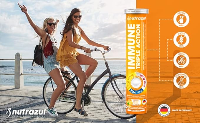 nutrazul Immune Triple Action Effervescent Tablets - Vitamin C 1000 mg, Vitamin D 400 IU, Zinc 10mg I Orange (Pack of 5X20) | Gluten Free, Sugar Free, Lactose Free & Preservative Free