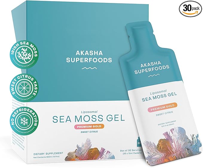 Irish Sea Moss Gel, Liposomal Seamoss with Irish Sea Moss, Vitamin E, Citrus, Organic Vanilla, Glycerin, Skin, Energy & Gut Health Support for Women & Men, Sweet Citrus Flavor, 30 Ct