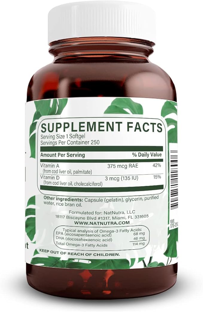 Natural Nutra Norwegian Cod Liver Oil Supplement, Helps to Maintain Skin, Helps Maintain Body Density, Eye Health & Nerve Function, Promotes Dental Health, Supports Cardiovascular Health, 250 Softgels