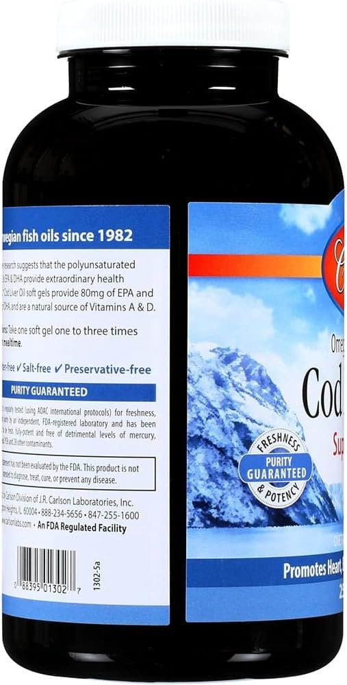 Carlson - Cod Liver Oil Gems, Super 1000 mg, 250 mg Omega-3s, 400 IU (10 mcg) Vitamin D3, Wild Caught Norwegian Arctic Cod Liver Oil, Nordic Fish Oil Capsules, 250 Softgels