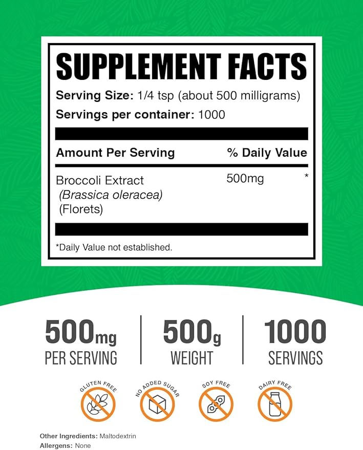 BulkSupplements.com Broccoli Extract Powder - from Broccoli Florets, Sulforaphane Supplement - Vegan & Gluten Free, 500mg per Serving, 500g (1.1 lbs) (Pack of 1)