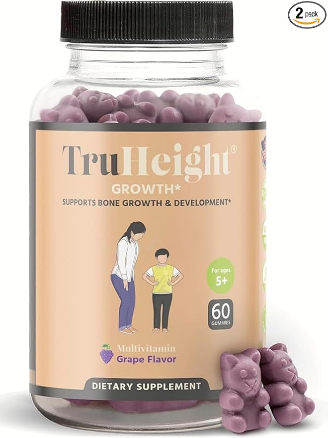 TruHeight Growth Gummies (Grape) Natural Growth & Development Supplement for Kids & Teens - Vitamin D, K, Calcium & Ashwaganda - Bone Strength Vitamins, Picky Eater Vitamin for Kids, Ages 5+ Pack of 2