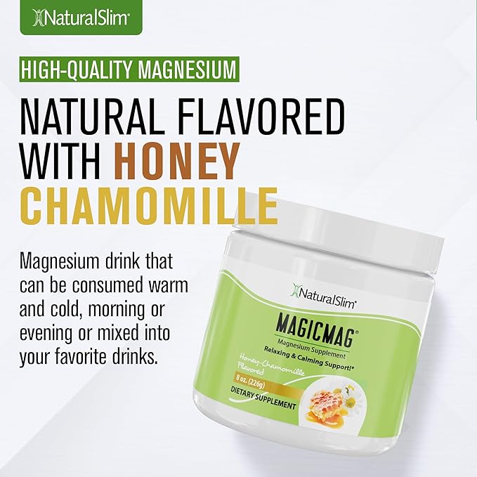 NaturalSlim Magicmag Pure Magnesium Citrate Powder Stress, Constipation, Muscle, Heart Health, and Sleep Support | Honey Chamomile Magnesium Supplement - 8oz Drink Mix (Solo)