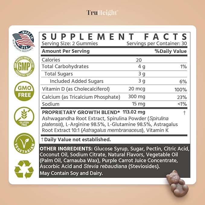 TruHeight Growth Gummies (Watermelon) Natural Growth & Development Supplement for Kids & Teens - Vitamin D, K, Calcium & Ashwaganda - Bone Strength Vitamins, Picky Eater Ages 5+ (Pack of 2) 120 Count