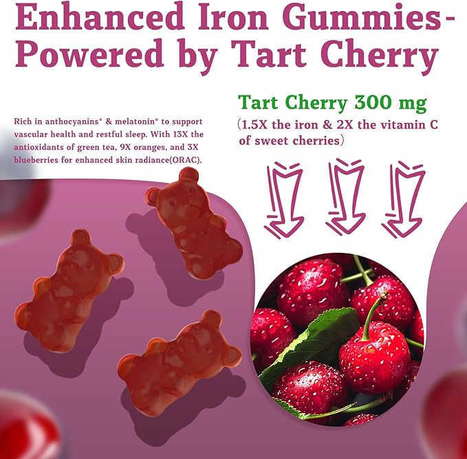 (2 Pack) OALSE Tart Cherry Iron Supplement for Women & Men, Iron Gummies with Calcium, Zinc, Folate & Vitamin C & B12 for Immune Support, (120 Count) - Sugar Free,Vegan