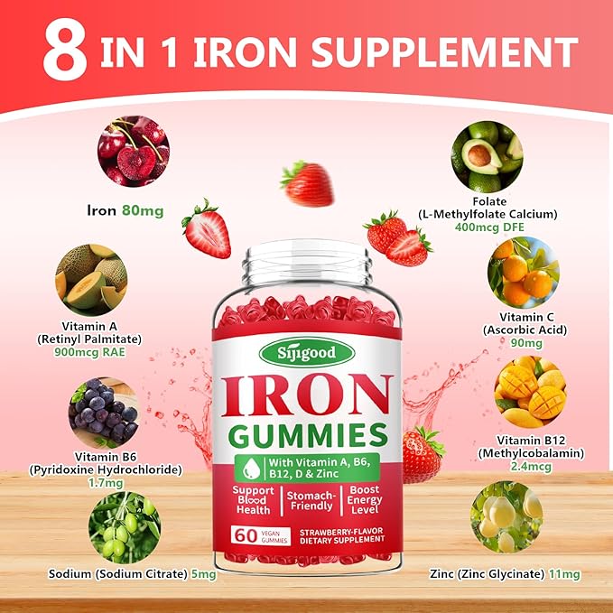 2 Pack Iron Gummies for Women & Men - Vegan Iron Supplement for Anemia & Iron Deficiency, with Vitamin B12, Vitamin C, Zinc, Folate - Energy Boost, Sugar-Free, Strawberry Flavor, 120 Count