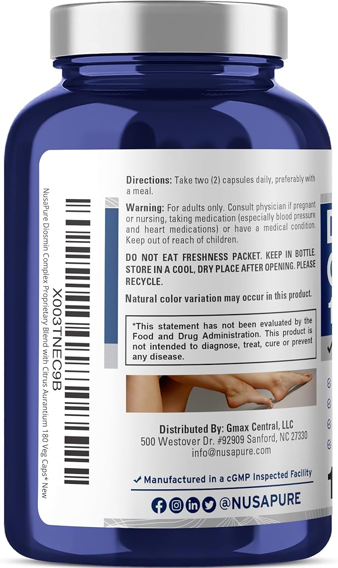 NusaPure Diosmin Complex 1,000mg per Serving 180 Veggie Caps (Non-GMO, Vegan) Citrus Aurantium