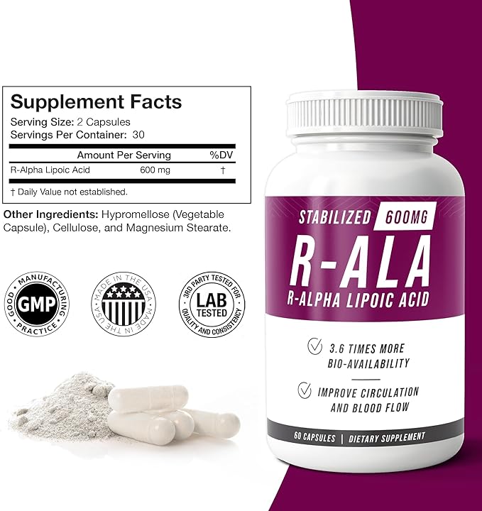 NERVE RENEW R-ALA Stabilized R Alpha Lipoic Acid 600mg Nerve Support Supplement 60 Capsules