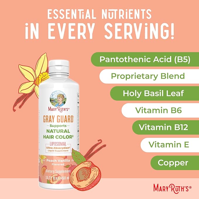MaryRuth Organics Gray Guard Liposomal, Supports Natural Hair Color, with Copper & Pantothenic Acid, Holy Basil & Traditional Herbs, Vitamin E & Vitamin B for Overall Health, Ages 18+, 15.22 Fl oz
