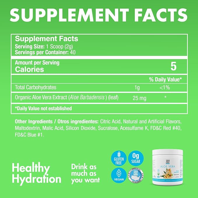 Yes You Can! Organic Aloe Vera Powder Drink Mix - Hydration Booster Infused with Pure Aloe Juice - Delicious Flavors - Made in USA - Antioxidant Rich - Peach Lemonade Flavor - 40 Servings Per Canister