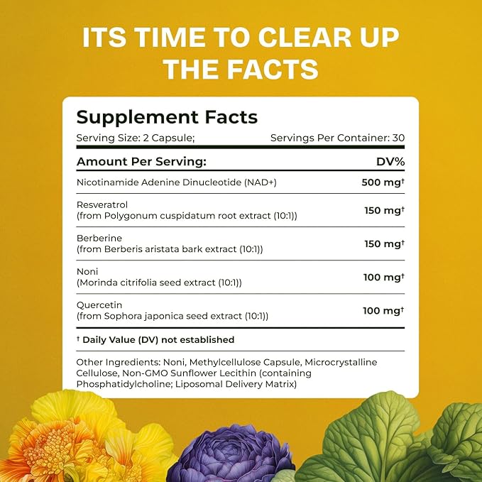 Liposomal NAD Supplements for Women Resveratrol NAD + Supplement w/Berberine, Quercetin, Noni | Boosts NAD Anti-Aging, Bravfin Support, Gut Heath - 60 Capsules