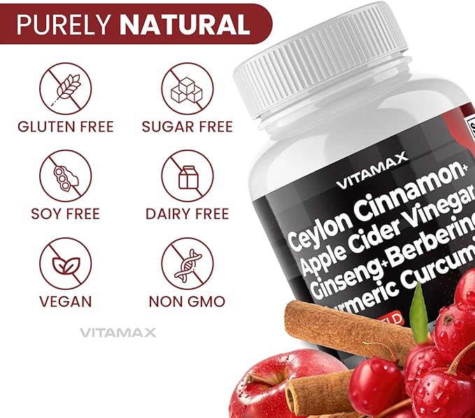 Ceylon Cinnamon, Apple Cider Vinegar, Turmeric - Gluco Health Support - Panax Ginseng, Berberine, Bitter Melon Milk Thistle Fenugreek - Non GMO – Made in USA – 60ct