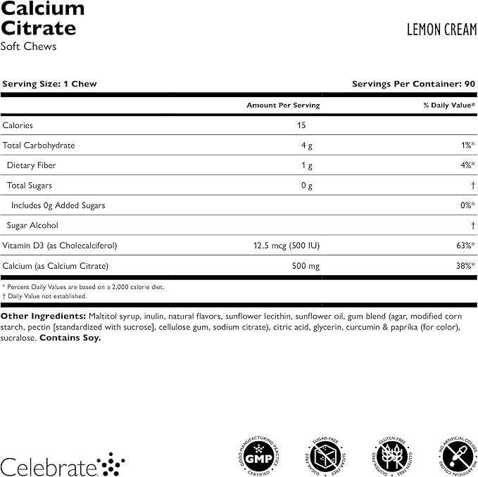 Celebrate Vitamins Bariatric 500mg Calcium Citrate Soft Chews with 500 IU Vitamin D3 – Essential for Gastric Bypass Patients & Bone Health - Sugar & Gluten Free, Lemon (270 Chews)