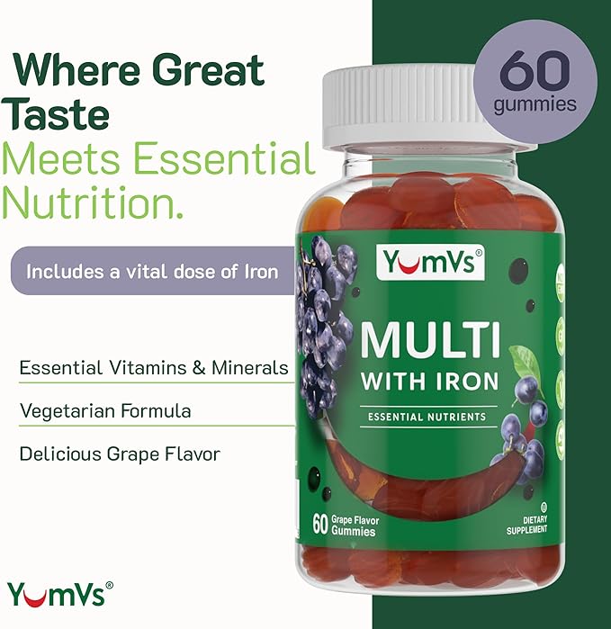 YUM-V'S Iron Gummies - Multivitamin Iron Supplement with Vitamin C, A, B & Zinc, Supports Blood Oxygen, Vegan Supplements for Women, Men & Kids for Growth and Development - Grape Flavor | 60 Count