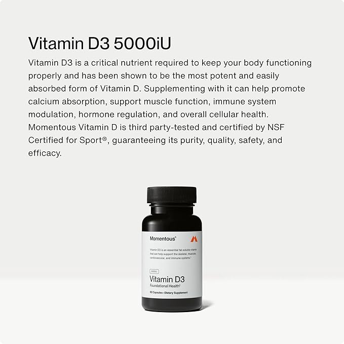 Momentous Vitamin D3 Supplement - 5,000 IU Capsules for Foundational Health Support - NSF Certified for Sport - Gluten-Free - 60 Servings