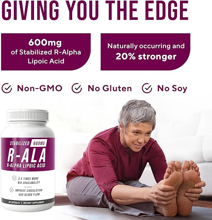 NERVE RENEW R-ALA Stabilized R Alpha Lipoic Acid 600mg Nerve Support Supplement 60 Capsules