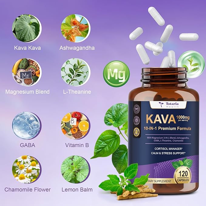 Kava Kava Root Extract 1000mg with Magnesium - 50% Kavalactones, L Theanine, Ashwagandha Herbal Blend for Balanced Mood, Relax Calming, Sleep, Mood, Cognitive & Immune Support - 120 Veg Capsules