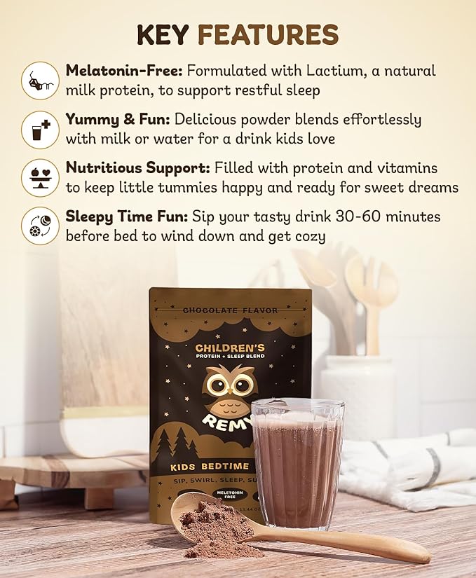 Happy Owl Remy Protein Sleep Aid Supplements for Kids, Melatonin-Free Formula, Lactium, L Theanine, Vitamin D, B6, Calcium & Herbal Extracts Sleep Aid for Kids, Balanced Nutritional Drink, Non GMO