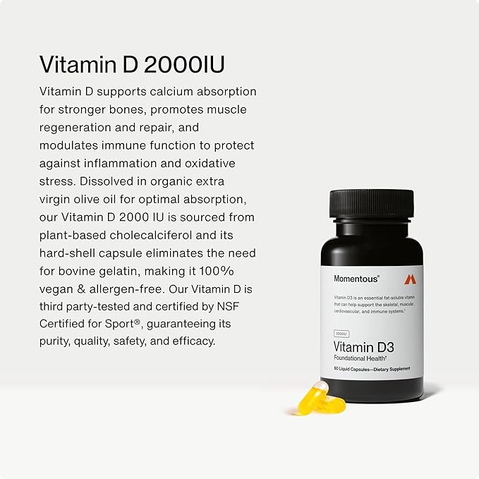 Momentous Vitamin D3 Supplement - 2,000 IU Capsules for Foundational Health Support - NSF Certified for Sport - Gluten-Free - 60 Servings