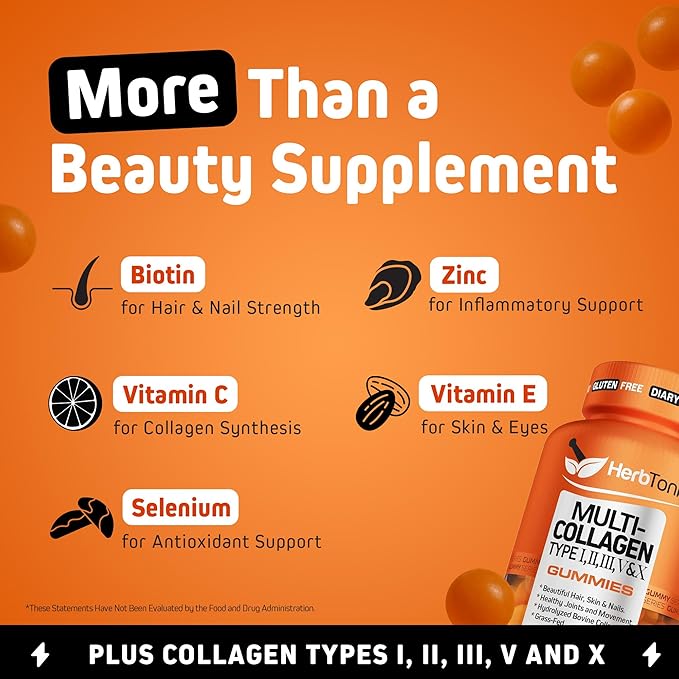 Herbtonics Multi Collagen Gummies with Biotin & Vitamin C, Hydrolyzed Collagen Peptides Types I, II, III, V, X for Hair, Skin, Nails, & Bone Support - Tropical Flavor, 60 Gummies