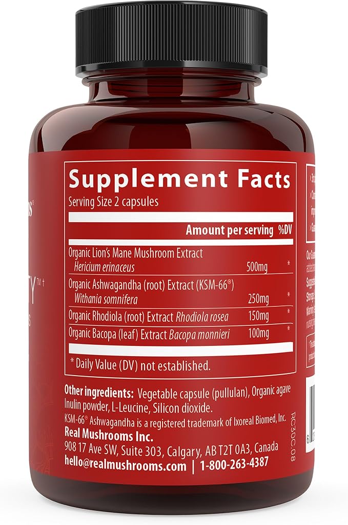 Real Mushrooms RealClarity Capsules – Lion’s Mane, KSM-66 Ashwagandha, Cordyceps & Reishi – Mental Sharpness, Alertness. & Adaptogenic Support – Vegan, Non-GMO – 60 Count Mushroom Supplement