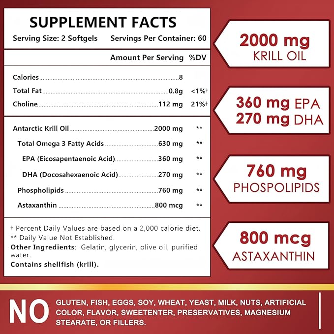 NATURE TARGET Krill Oil 2000 mg with Omega-3 EPA & DHA with Astaxanthin Supplement, Choline - Supports Heart, Brain, Join, Eye Health, Non-GMO, Gluten Free, 120 Softgels (60 Servings)
