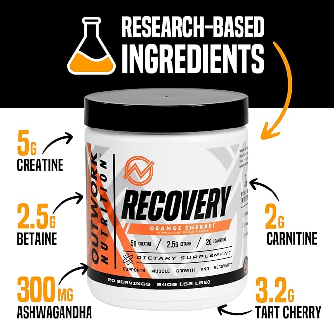 Outwork Nutrition Post Workout Recovery Powder - Creatine Monohydrate, KSM-66 Ashwagandha & Tart Cherry - Speeds Recovery, Eases Soreness - Creatine Powder for Men & Women, Orange Sherbet, 230 Gr