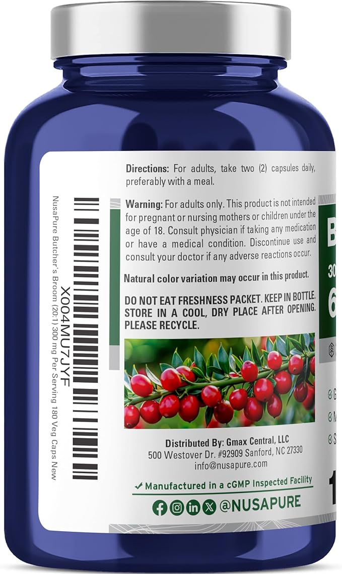 NusaPure Butcher's Broom Root 20:1 Extract, 300 mg Equivalent to 6,000 mg Veggie Caps 180 Count (Non-GMO, Vegan)