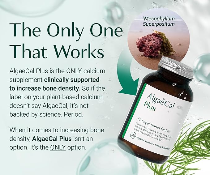 ALGAECAL Organic Red Algae Calcium Supplement for Bone Density & Strength, Vitamin K2 MK7 (100mg), Vitamin D3 (1600 IU), Magnesium (350mg) & Trace Minerals, Easy to Swallow, 120 Veggie Caps