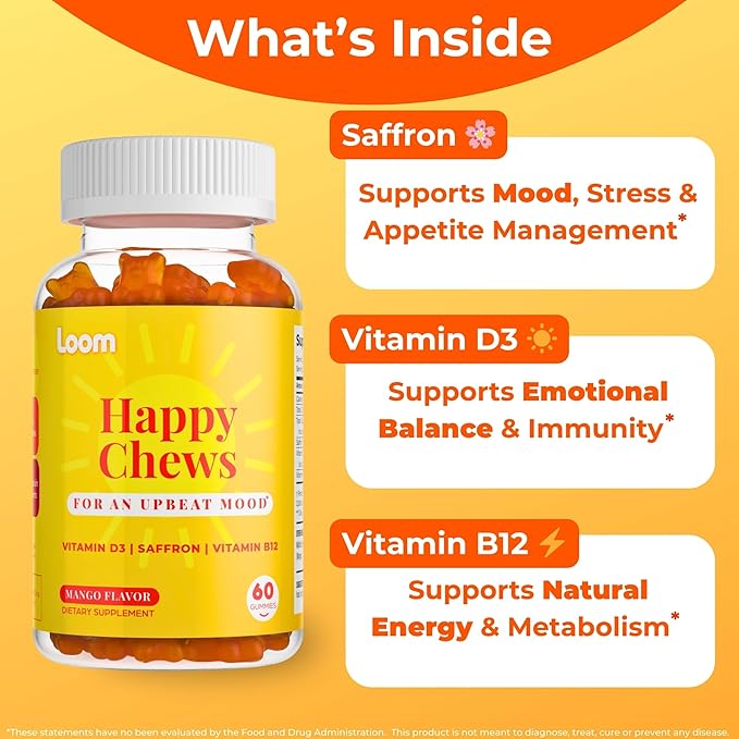 Saffron Gummies with Vitamin D3 & B12 – Natural Mood & Energy Support for Emotional Balance and Stress Relief – Tropical Mango, 60 Count (60 Count, Mango)