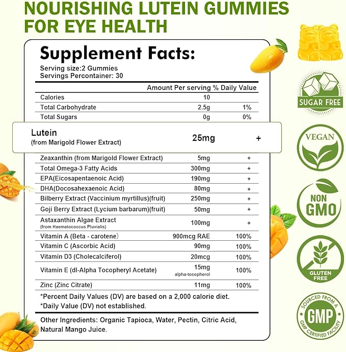 Lutein Gummies with Zeaxanthin, Eye Vitamins with Omega-3, Bilberry, and Astaxanthin for Vision and Eye Health, Mango Flavor, 60 Count
