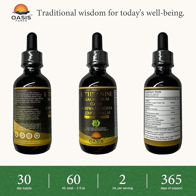 L Theanine 400mg Liquid Drops, L-Theanine Supplement for Adults & Kids with GABA, Magnesium & Ashwagandha, Natural Sleep, Focus & Relaxation Support, Vegan, Alcohol-Free, Non-GMO, 2 FL OZ