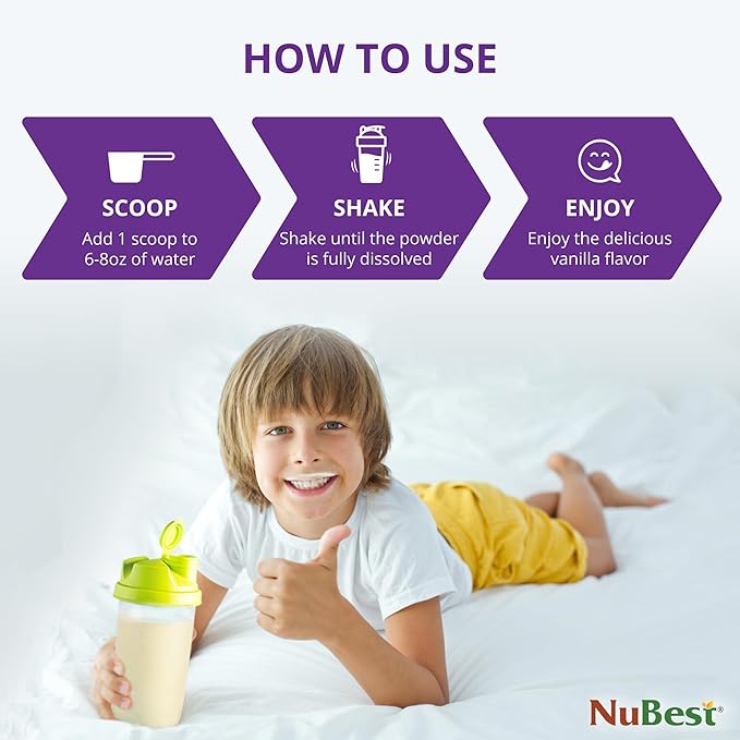 NuBest Tall Vanilla Plant-Based Protein Powder for Kids & Teens - Healthy & Immunity with Probiotics, Omega 3-6-9, Vitamin D3 + K2, Calcium & Vitamins - 10 Servings | 2 Week Supply