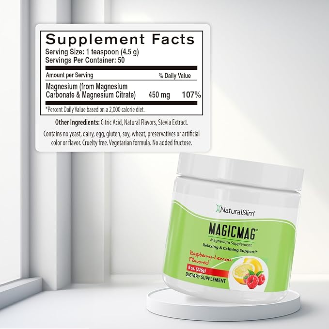 NaturalSlim Magicmag Pure Magnesium Citrate Powder Stress, Constipation, Muscle, Heart Health, and Sleep Support | Raspberry Lemon Magnesium Supplement - 8oz Drink Mix (Solo)