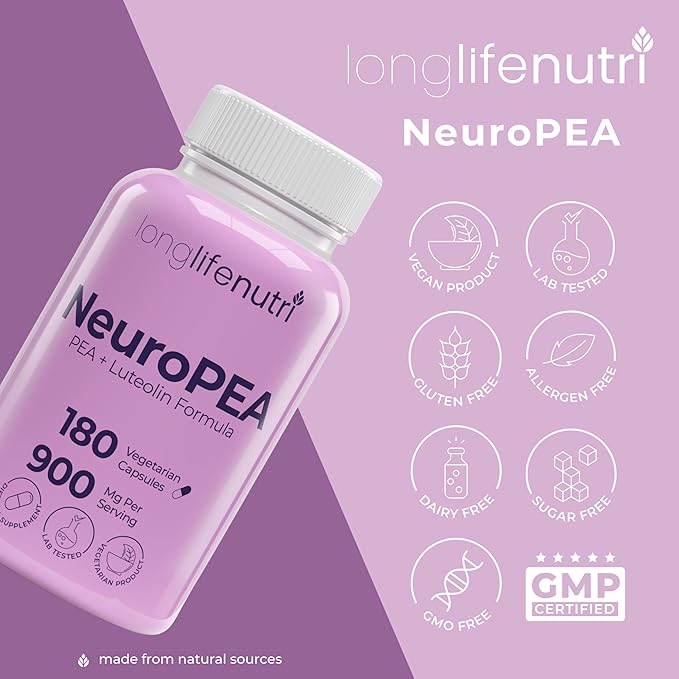 NeuroPEA (Palmitoylethanolamide + Luteolin 800mg/100mg) – Organic Supplement for Nerve Performance, 180 Vegetarian Capsules, 3-Month Supply, GMP Certified, USA Made