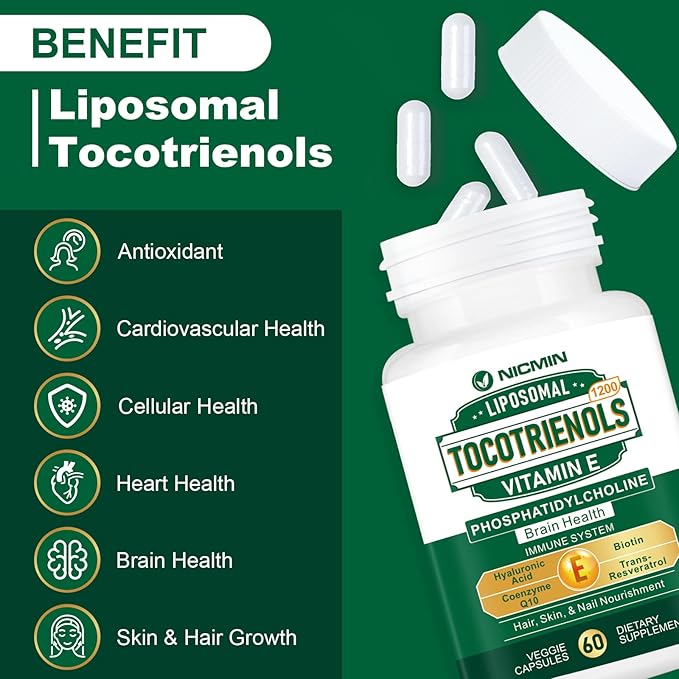 1200MG Vitamin E Tocotrienols Liposomal Tocotrienols Supplement with Phosphatidylcholine, 95% Delta-tocotrienols and 5% Gamma-tocotrienols, High Absorption for Heart, Brain Function 60 Capsules