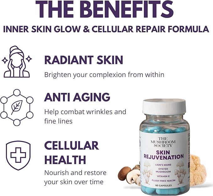 Skin Rejuvenation Supplement - Inner Skin Glow & Cellular Repair Formula – Lion’s Mane, Oyster, Vitamin E, Niacin + Beta-Glucans – Antioxidant + Beauty Blend - 120 Vegan Capsules