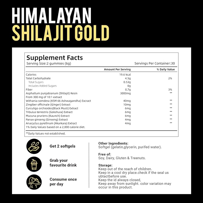 Himalayan Shilajit Gummies with Ashwagandha & Gokshura | 85+ Trace Minerals & Fulvic Acid | Organic, Non-GMO Micronutrient Supplement for Men & Women | 100% Pure & Natural