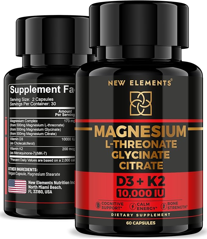 Magnesium Complex L-Threonate, Glycinate, Citrate with Vitamin D3 10,000 IU & K2 MK-7 β Brain, Bone & Immune Support β 60 Vegan Capsules β High Absorption, Non-GMO