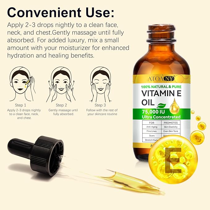 Vitamin E Oil for Skin, Scars and Face, Pure Vitamin E Oil 75,000 IU, Reduce Scars, Fine Lines, Moisturize and Radiant Skin for Whole Body, 2 Fl Oz