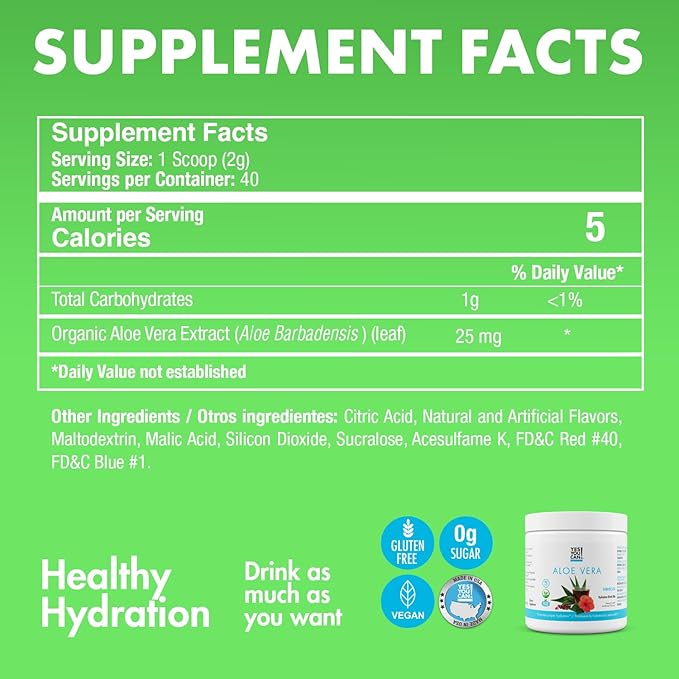 Yes You Can! Organic Aloe Vera Powder Drink Mix - Hydration Booster Infused with Pure Aloe Juice - Delicious Flavors - Made in USA - Antioxidant Rich - Hibiscus Flavor - 40 Servings Per Canister (2 Pack)