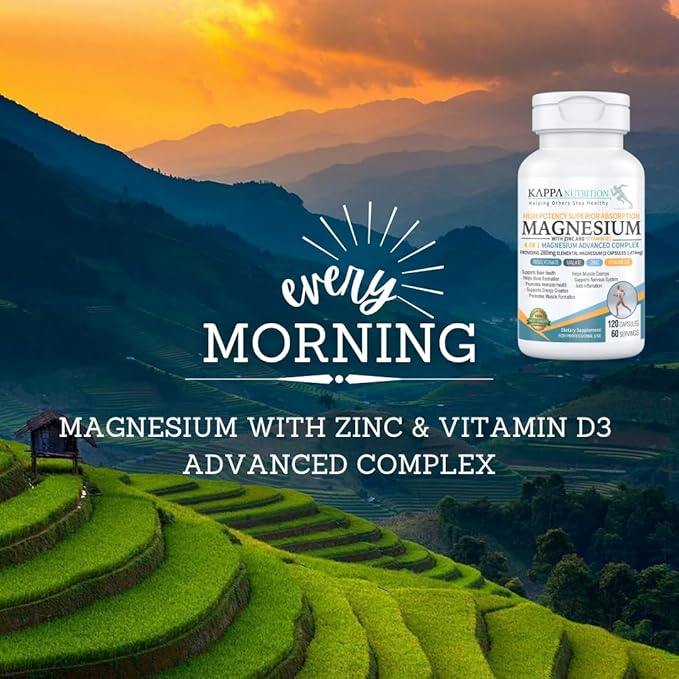 Kappa Nutrition Magnesium 4-in-1, 280mg Elemental Magnesium (Bisglycinate, Malate) + Zinc & Vitamin D3, Brain, Sleep, Energy, Muscle, Immune Support, 120 Vegan Capsules.