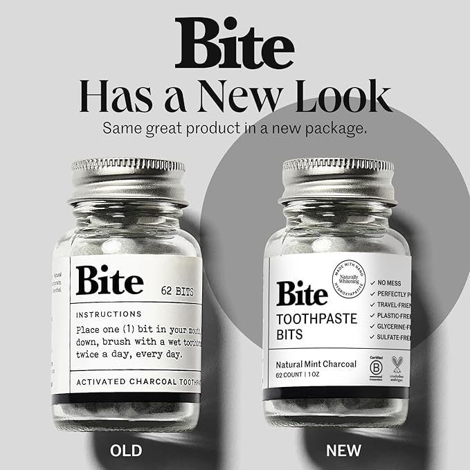 Bite Whitening Toothpaste Tablets – Nano Hydroxyapatite & Xylitol (Mint Charcoal) | Sensitive Teeth Friendly | No Fluoride, Vegan, Cruelty-Free | Travel-Size | 2 Bottles (124 Bits) | Made in USA