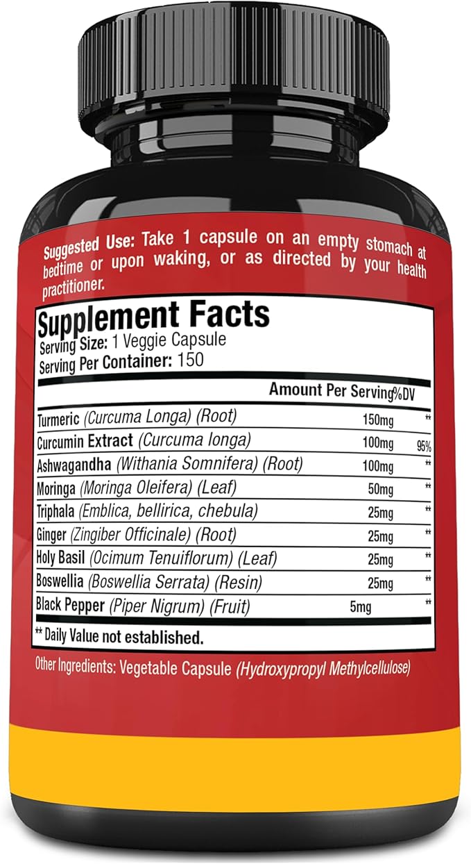 Turmeric Curcumin Capsules - with Ashwagandha, Boswellia, Triphala, Ginger, Holy Basil, Moringa, and Black Pepper - 150 Pills 5 Month Supply