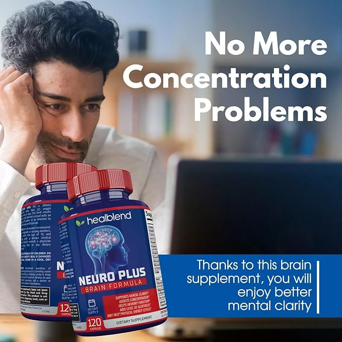 Neuro Plus Brain & Focus Formula - Brain Booster Supplement, Supports Mental Clarity & Focus - Enhances Concentration & Mental Energy – 120 Capsules (3 Pack)