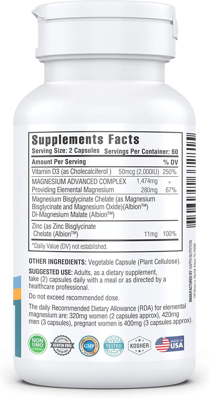 Kappa Nutrition Magnesium 4-in-1, 280mg Elemental Magnesium (Bisglycinate, Malate) + Zinc & Vitamin D3, Brain, Sleep, Energy, Muscle, Immune Support, 120 Vegan Capsules.